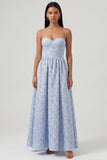 Blauwe Jacquard korset strapless A-lijn midi jurk