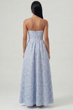 Blauwe Jacquard korset strapless A-lijn midi jurk