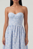 Blauwe Jacquard korset strapless A-lijn midi jurk