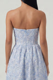 Blauwe Jacquard korset strapless A-lijn midi jurk