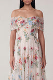 Zwarte off-the-shoulder geappliqueerde een lijn tule midijurk