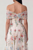 Zwarte off-the-shoulder geappliqueerde een lijn tule midijurk