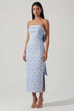 Bowknot blauwe strapless jacquard schede midijurk met split