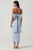 Bowknot blauwe strapless jacquard schede midijurk met split