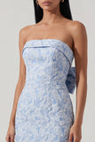 Bowknot blauwe strapless jacquard schede midijurk met split
