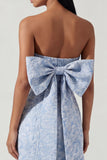 Bowknot blauwe strapless jacquard schede midijurk met split