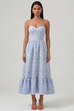 Blauw jacquard korset strapless A-lijn midi jurk met ruches