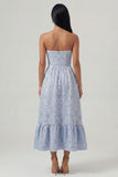 Blauw jacquard korset strapless A-lijn midi jurk met ruches