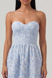 Blauw jacquard korset strapless A-lijn midi jurk met ruches