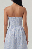 Blauw jacquard korset strapless A-lijn midi jurk met ruches