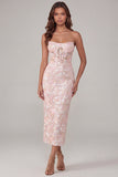 Roze bloemen-appliqued korset strapless schede midi jurk