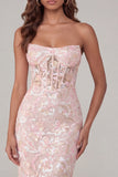 Roze bloemen-appliqued korset strapless schede midi jurk