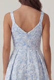 Blauwe Jacquard V-hals gerimpelde A-lijn midi-jurk