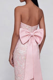 Met applicatie Bowknot roze strapless sheath midi-jurk met split achter