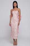 Glinsterende roze strapless geappliqueerde midi-jurk met bowknot