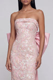 Glinsterende roze strapless geappliqueerde midi-jurk met bowknot