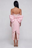 Glinsterende roze strapless geappliqueerde midi-jurk met bowknot