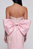Glinsterende roze strapless geappliqueerde midi-jurk met bowknot