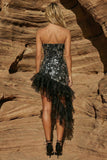 Zwarte strapless kralen, strakke asymmetrische korte cocktailjurk met ruches