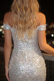 Glinsterende zilveren off-the-shoulder strakke korte pailletten cocktailjurk