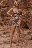 Sprankelende zwarte strapless bodycon pailletten cocktailjurk met strik