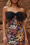Sprankelende zwarte strapless bodycon pailletten cocktailjurk met strik