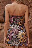 Sprankelende zwarte strapless bodycon pailletten cocktailjurk met strik