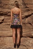 Glinsterende zwarte bodycon strapless pailletten cocktailjurk met ruches