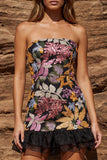 Glinsterende zwarte bodycon strapless pailletten cocktailjurk met ruches
