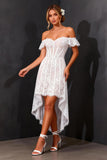 Off-the-shoulder witte kanten korset High-Low A-lijn trouwjurk