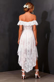 Off-the-shoulder witte kanten korset High-Low A-lijn trouwjurk