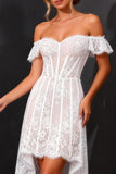 Off-the-shoulder witte kanten korset High-Low A-lijn trouwjurk