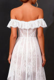 Off-the-shoulder witte kanten korset High-Low A-lijn trouwjurk
