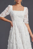 Glinsterende witte kralenversierde vierkante bloemen Maxi Boho trouwjurk