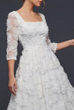 Glinsterende witte kralenversierde vierkante bloemen Maxi Boho trouwjurk