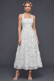 Halter A-lijn witte 3D bloemen lange trouwjurk