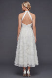Halter A-lijn witte 3D bloemen lange trouwjurk