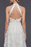 Halter A-lijn witte 3D bloemen lange trouwjurk