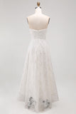 Witte strapless High-Low A-lijn trouwjurk met 3D-bloemen