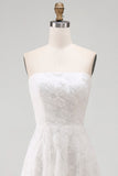 Witte strapless High-Low A-lijn trouwjurk met 3D-bloemen