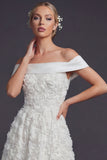 Off the Shoulder witte 3D bloemen een lijn lange trouwjurk