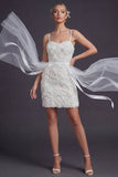 White Bodycon 3D Flowers Spaghetti Bandjes Korte trouwjurk met slinger