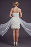 White Bodycon 3D Flowers Spaghetti Bandjes Korte trouwjurk met slinger