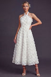 Witte A-lijn halter 3D bloemen lange trouwjurk