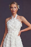 Witte A-lijn halter 3D bloemen lange trouwjurk