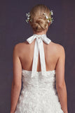 Witte A-lijn halter 3D bloemen lange trouwjurk