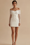 Off-the-shoulder dubbelrijzige bodycon kleine witte jurk met lange mouwen