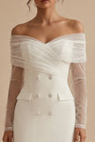 Off-the-shoulder dubbelrijzige bodycon kleine witte jurk met lange mouwen