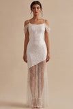 Glitterwitte schede met koude schouder lange bruidsdouche met pailletten