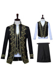 Barokstijl zwart geborduurd herenpak met een geborduurde staande kraag in 3-delige stijl